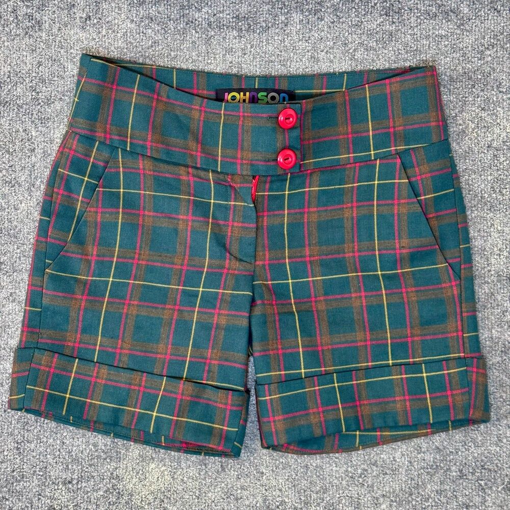 JUST JOHNSON Vintage Women's Plaid Wool Shorts Green/Red Silk Lining Size 6